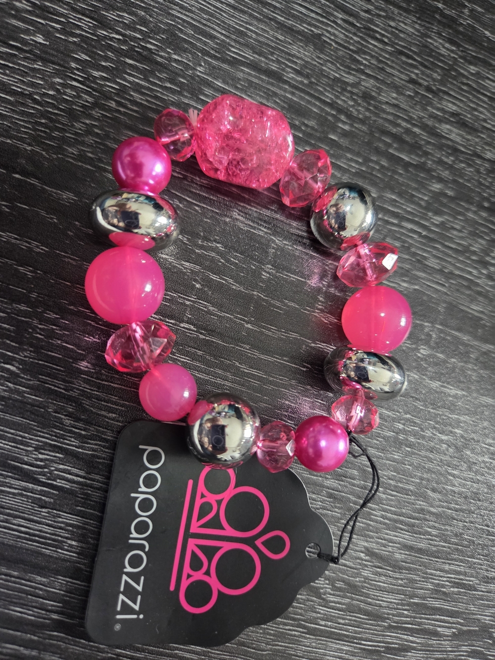 220# Paparazzi Hot Pink and Silver Beaded Stretch Bracelet